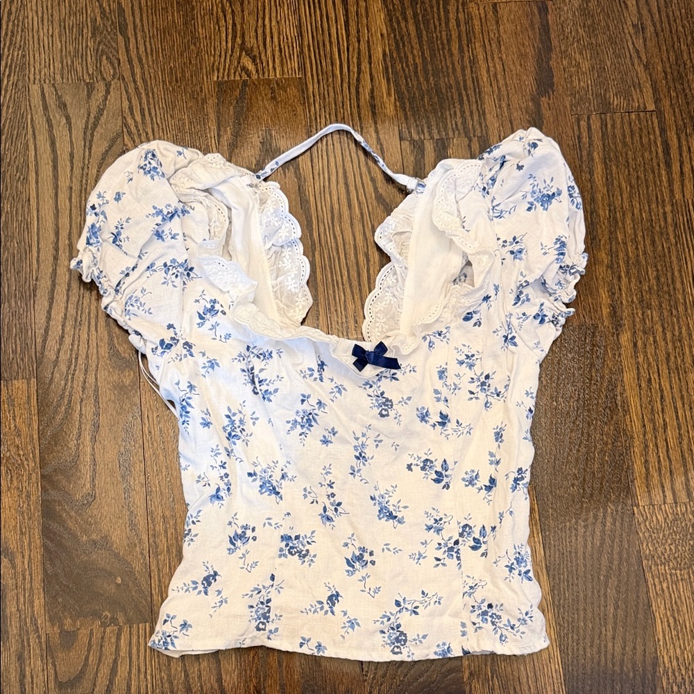 Reformation Alice Blue Floral Blouse with White Lace